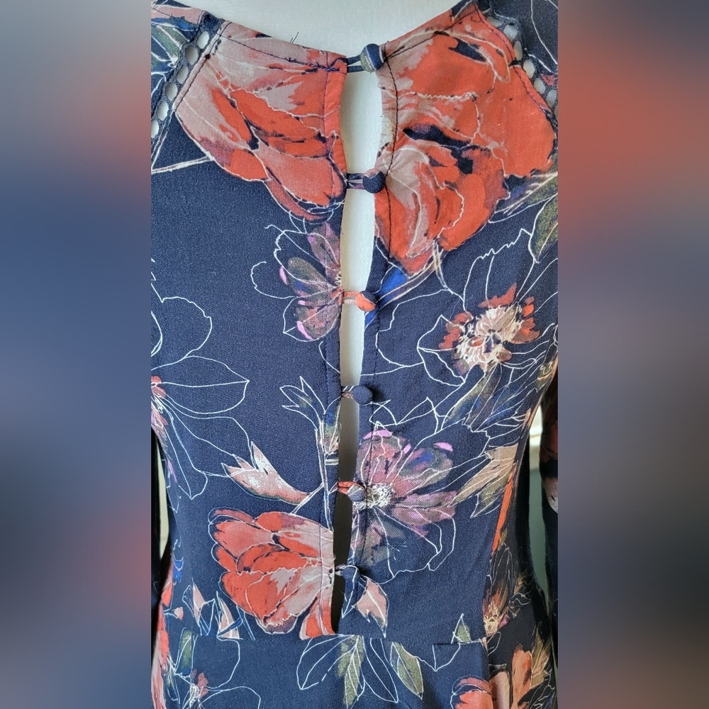Free People All Eyes on You Floral Mini Dress Tunic Womens 2 Navy Pink Flowy Boh - Picture 9 of 15